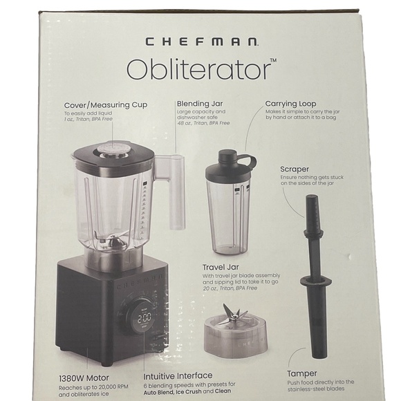 Chefman Obliterator 48 oz Blender w/ Travel Jar Smoothie Maker Ice Crusher Auto - Picture 2 of 8
